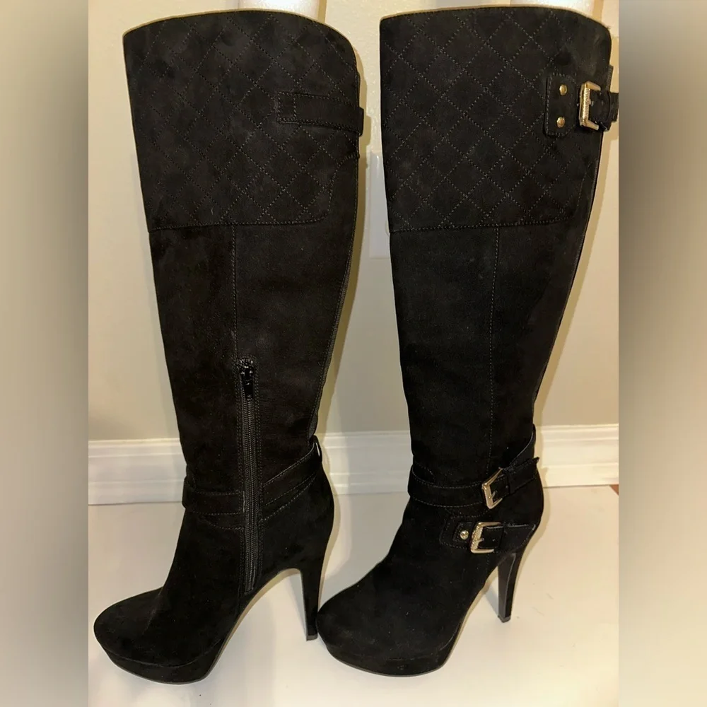 Guess GGDolli2 Black Quilted Platform Knee High Heeled Boots